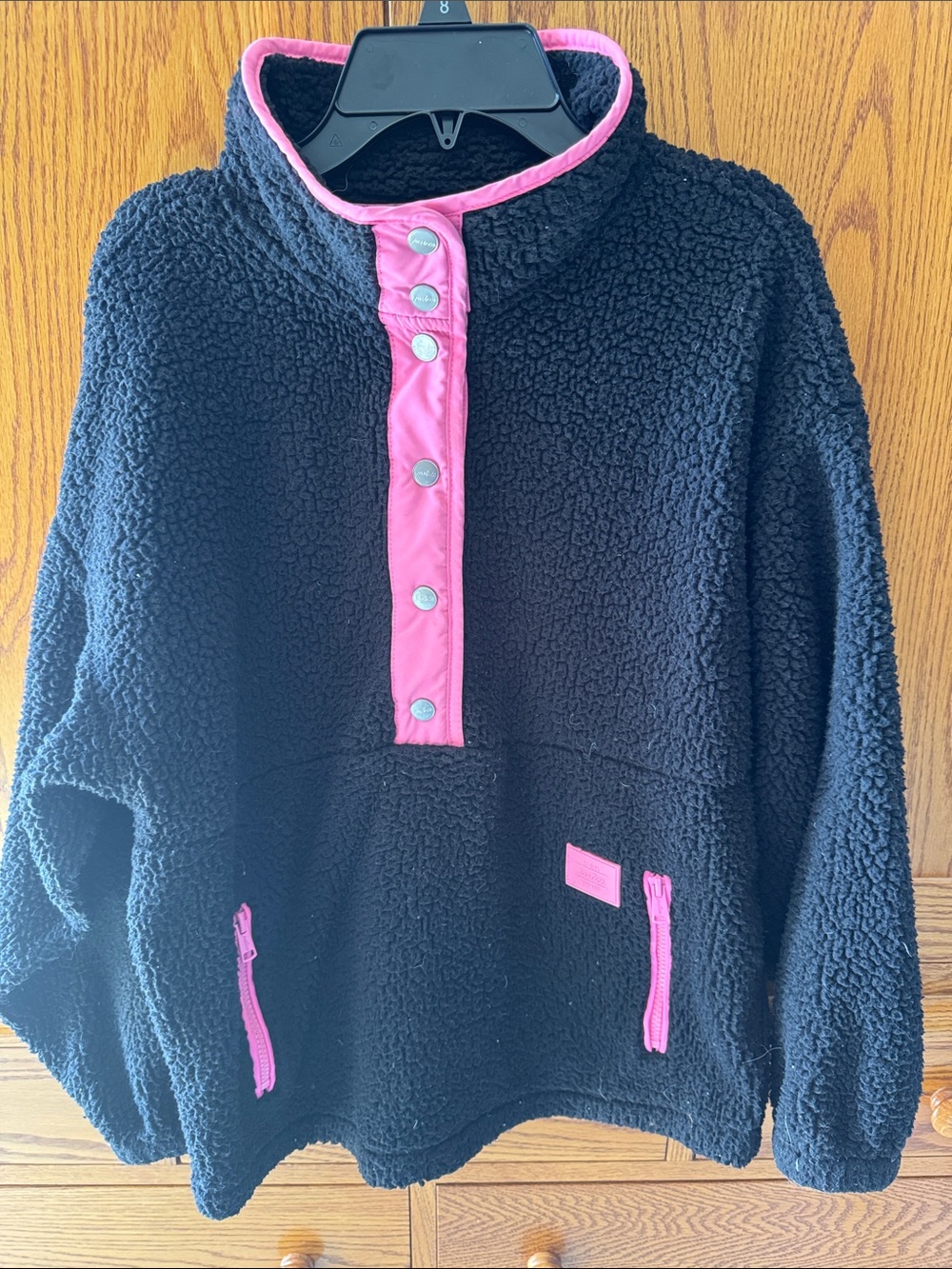 JUSTICE GIRLS BLACK SHERPA FLEECE JACKET, PINK TRIM & POCKETS, LN, SZ 12!